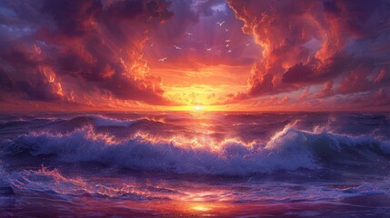 a painting of a sunset over a body of water - Powered by Adobe