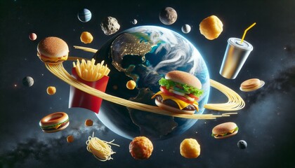 Planet Earth surrounded by junk food and fast food. Eco concept. Earth Day. For banners, posters, postcards, cards, card, wallpapers