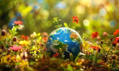 Planet earth surrounded by flowers. Eco concept. Earth Day. For banners, posters, cards, wallpapers, advertising, eco.