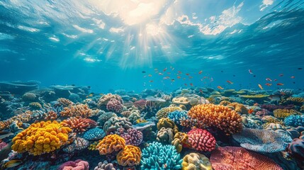 Sunlight illuminates water, coral reef teeming with marine invertebrates - obrazy, fototapety, plakaty