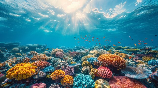 Sunlight illuminates water, coral reef teeming with marine invertebrates