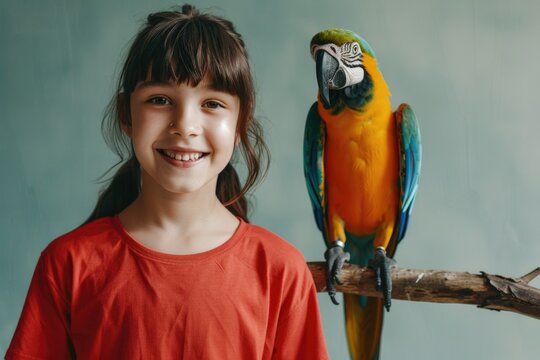 Portrait of a child girl with a parrot. Studio. To love animals. Zoo. Banner