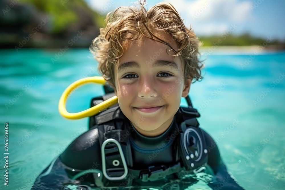 Poster child at diving lessons. background with selective focus and copy space
