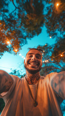 Young man taking selfie. Influencer concept. Vertical photography, instagram and titok mood.