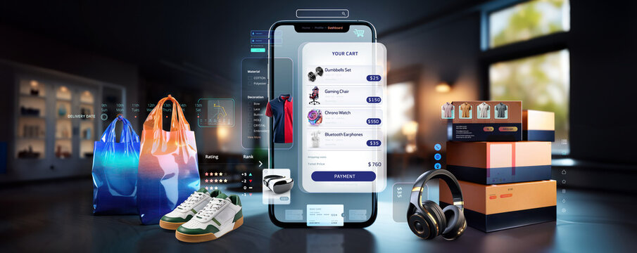 online shopping list and free shipping through mobile app marketplace and home delivery with application user interface menu mockup screen and credit card payment, no actual brands used