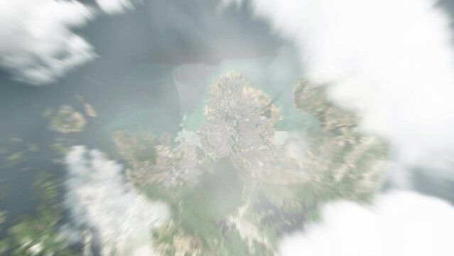 Earth zoom in from space to Batam, Indonesia. Followed by zoom out through clouds and atmosphere into space. Satellite view. Travel intro. Images from NASA