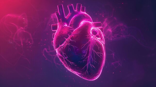 Neon heart shape, real human heart anatomy. Science meets love, Valentine's Day illustration, digital art concept