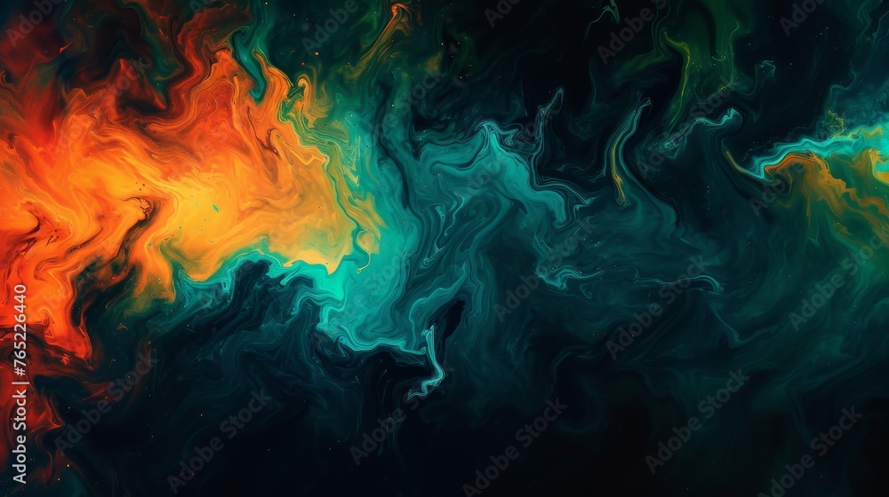 Aufkleber fluid abstract art presenting a mesmerizing interplay of colors, with waves of orange and turquoise 