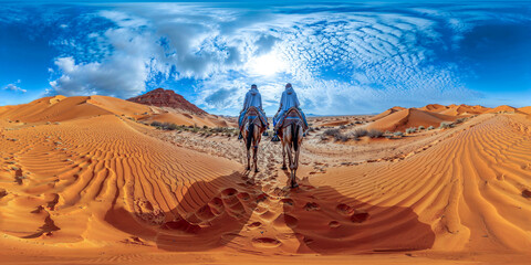 landscape riding camels in the desert, 360 panorama - obrazy, fototapety, plakaty