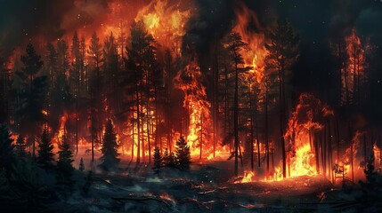 Raging forest fire, dangerous wildfire disaster illustration. Dramatic burning trees, digital painting, nature emergency concept