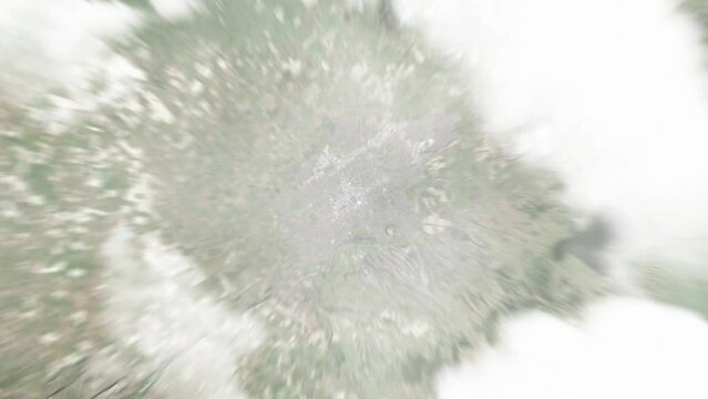 Earth zoom in from space to Palmerston North, New Zealand. Followed by zoom out through clouds and atmosphere into space. Satellite view. Travel intro. Images from NASA