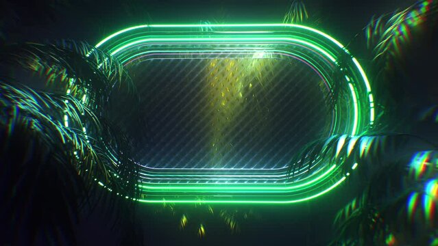 Against the background of tropical plants, glowing frames with neon lights, useful for displaying text and logos, seamless loop 4K

