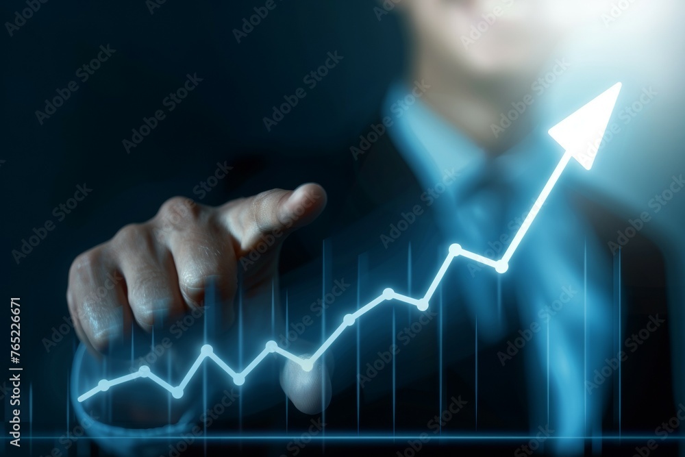 Poster a man is pointing at a graph with a line that is rising