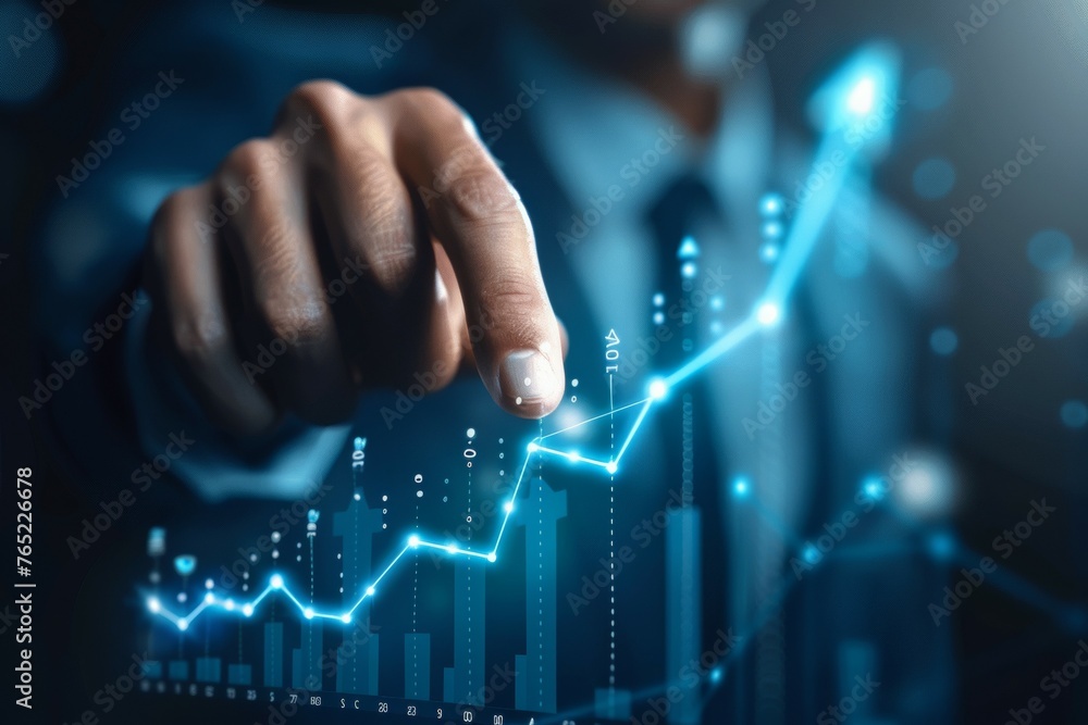 Poster a man is pointing at a graph with a blue line