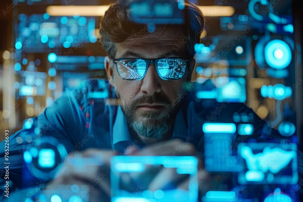 Poster a man is looking at a computer screen with a blue background