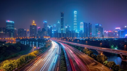 Fototapeta na wymiar In Guangzhou, China, there is a modern city skyline and an asphalt road illuminated at night.