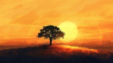 Serene landscape with a lone tree silhouetted against a golden sunset, digital painting