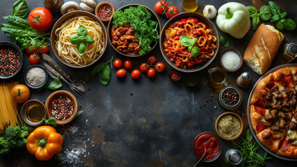 A top-down photo of a big table, space for text, The right half has a plate of spaghetti bolognese, a bowl of green curry, a plate of french fries, a juicy burger, a pizza, cutlery