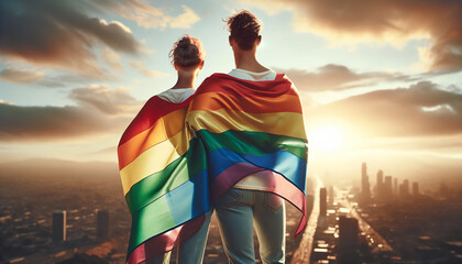 Back view of an LGBT couple wrapped in a rainbow flag, standing together and looking into the distance