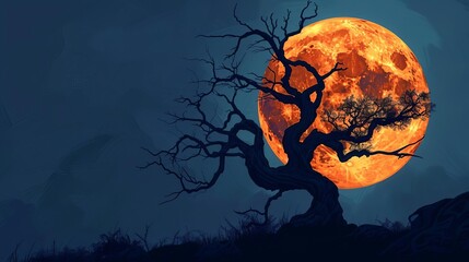 Spooky silhouette of a gnarled tree against a huge full moon, digital illustration - obrazy, fototapety, plakaty
