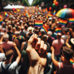 Detailed view of a hand holding a small rainbow flag at a pride parade, representing personal commitment to equality and inclusion