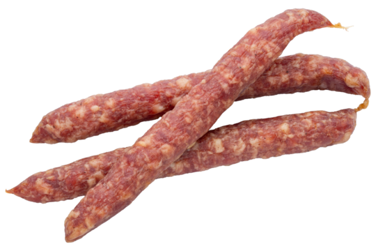 Sausages or salami. Pork or beef Kabanos sausage. Meat stick of Cabanos or Cabanossi Thin Dry Smoked Polish or Russian Sausage. Good for beer snack. High resolution food photo. Isolated background.