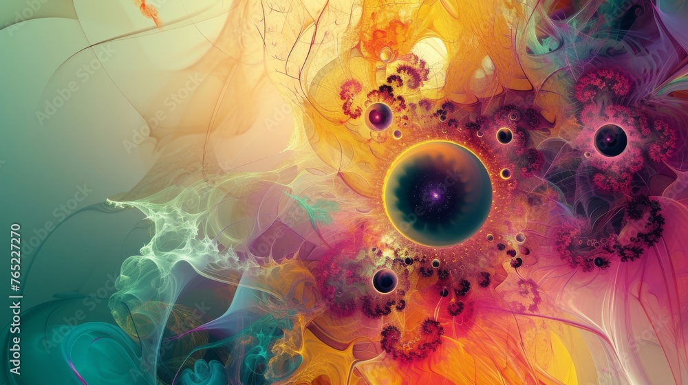 Aufkleber Vibrant fractal art rendering showcasing an explosion of colors and patterns with a central orb-like structure evoking a sense of cosmic creation