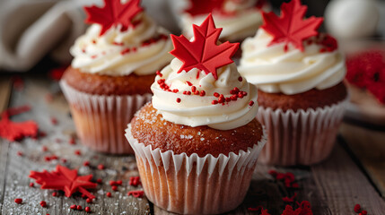 Red and white theme cupcakes with Canadian maple lea - obrazy, fototapety, plakaty