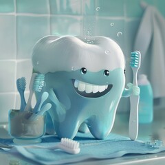 animation of a tooth with a toothbrush in hand, oral health concept generative ai
