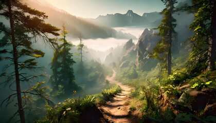 Enchanted Path. Sunrise Amidst Mountain Mist and Greenery - obrazy, fototapety, plakaty