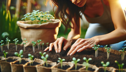 Close-up of a woman planting seedlings in her sustainable garden, showcasing organic gardening practices