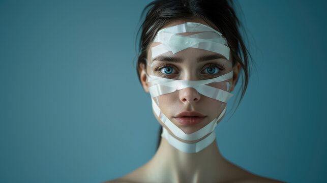 young woman with tapes on her face, beauty salon, facelift, laser, beautiful girl, portrait, cosmetology, people, person, emotional, makeup, fashion, youth, skin care