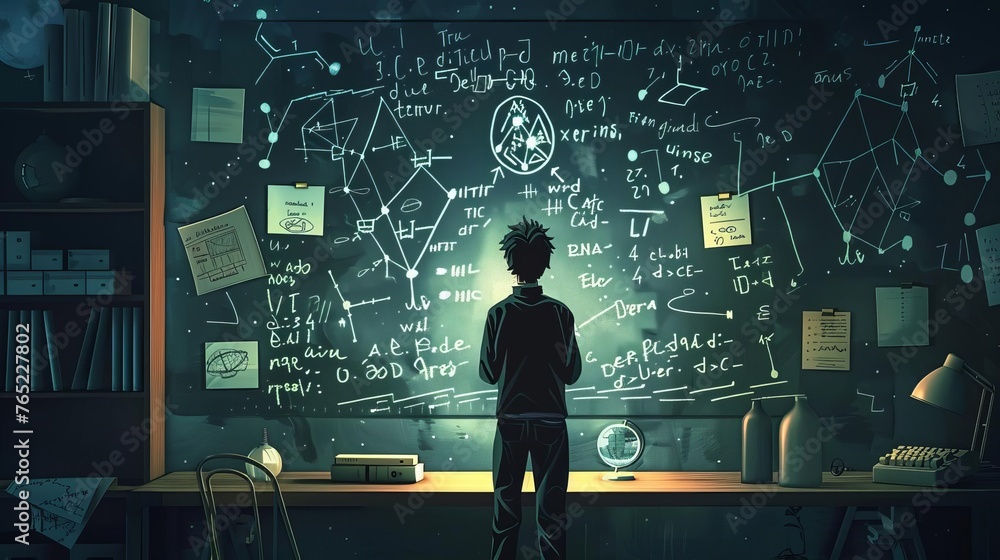Poster 2d illustration of a mathematician solving complex equations on a chalkboard