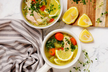 Chicken soup with lemon and rice.top veiw .style hugge