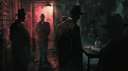 A shadowy mafia meeting in an old, dimly lit room, digital painting of gangsters plotting their next move in the city's underworld