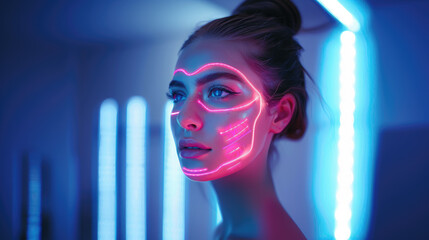 young woman with tapes on her face, beauty salon, facelift, laser, beautiful girl, portrait, cosmetology, people, person, emotional, makeup, fashion, youth, skin care - obrazy, fototapety, plakaty