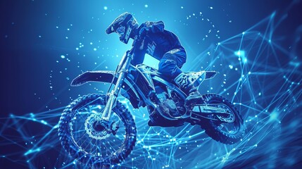 Abstract 3D Illustration of Jumping Motocross Rider on Blue with Dots, Lines, and Stars