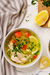Chicken soup with lemon and rice.top veiw .style hugge