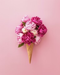  Ice cream made of delicate pink Peony flowers. Minimal flat lay summer concept on a light pink background.