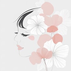 Abstract female face in one line. Woman face with flowers Surreal Line art female floral girl. Minimalism Abstract modern Continuous single line woman face portrait
