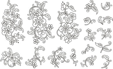 A set of vector floral ornamental designs in traditional Chinese style. Spring and summer decoration concept.	