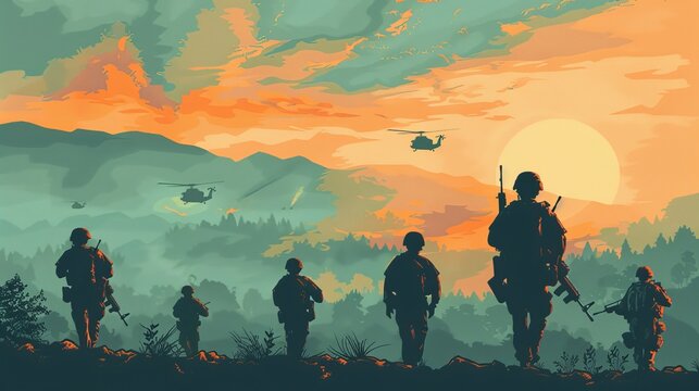 Vector illustration portraying a military theme, featuring soldiers' silhouettes, artillery, cavalry, and airborne units against a military background