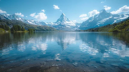 Deurstickers Azure lake reflects mountain in fluid water, surrounded by natural landscape © yuchen