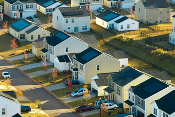 Aerial view of tightly packed homes in South Carolina residential area. New family houses as...