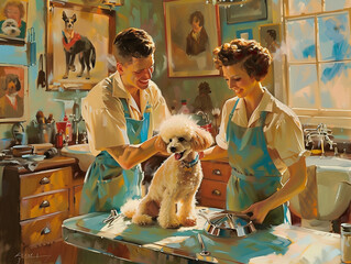 1950s-style Americana pet grooming salon with two smiling groomers in aprons attending a cheerful poodle amid a sunny, retro-decorated room with dog portraits.