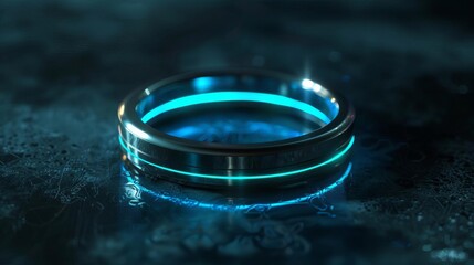 Futuristic Smart Ring Emanating a Mesmerizing Glow on Dark Surface, Digital Illustration - obrazy, fototapety, plakaty
