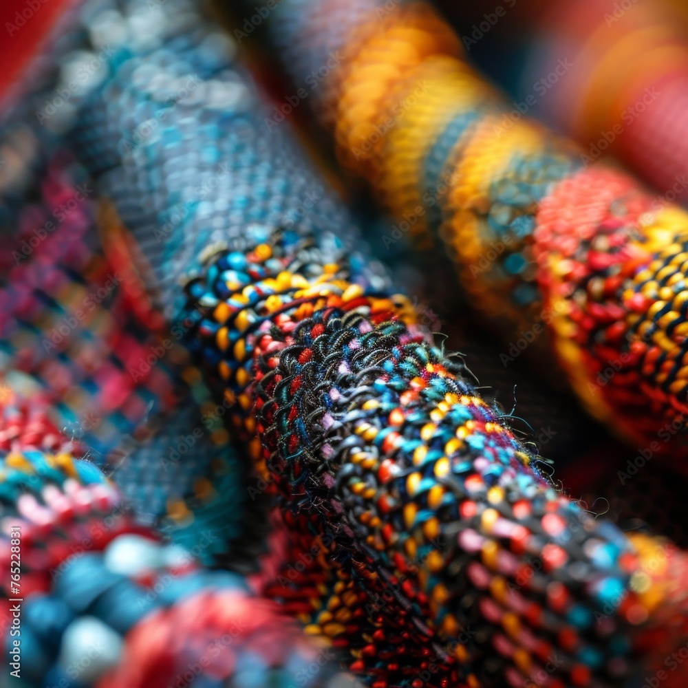 Poster macro shot of colorful woven fabrics showcasing intricate textures and vibrant patterns, ideal for b