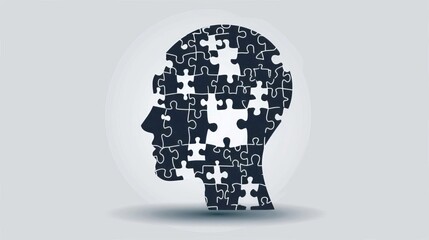 Human Head Profile with Jigsaw Puzzle, Cognitive Psychology Concept, Vector Line Design