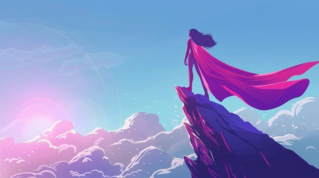 Heroic woman in cape stands on cliff, empowering illustration concept