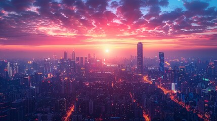 an aerial view of a city at sunset with the sun shining through the clouds - obrazy, fototapety, plakaty